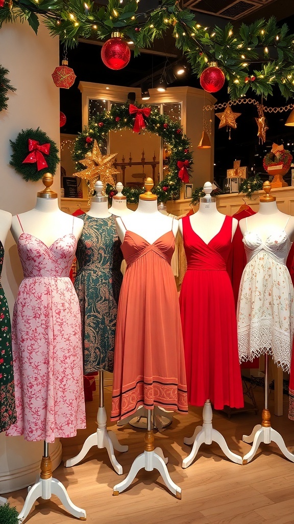 A display of various Christmas aesthetic dresses in red, green, and metallic colors, surrounded by holiday decorations.